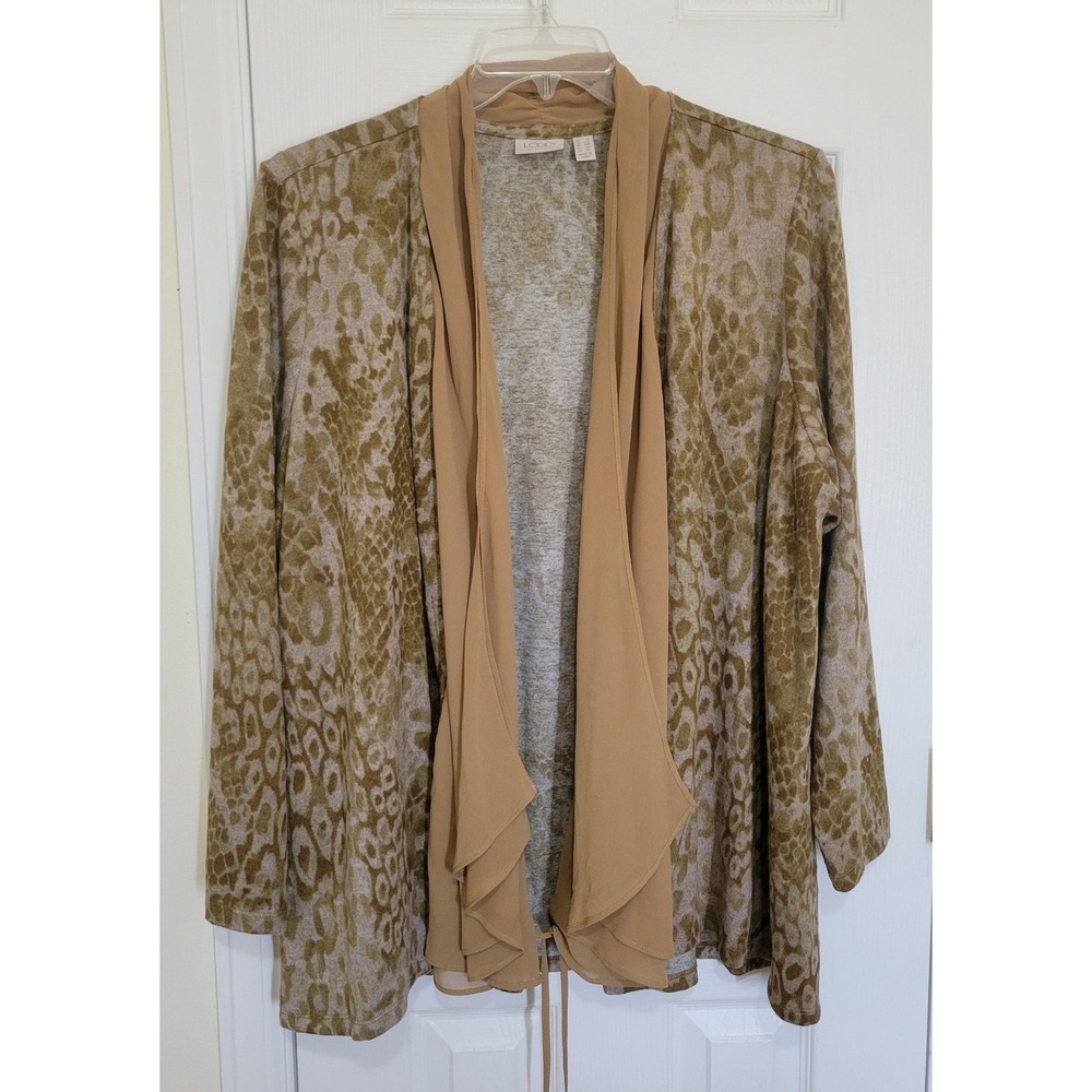LOGO Lori Goldstein Animal Print Open Front Cardigan Tan Olive 2X